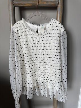 Girls' White Long-Sleeve Polka Dot Blouse